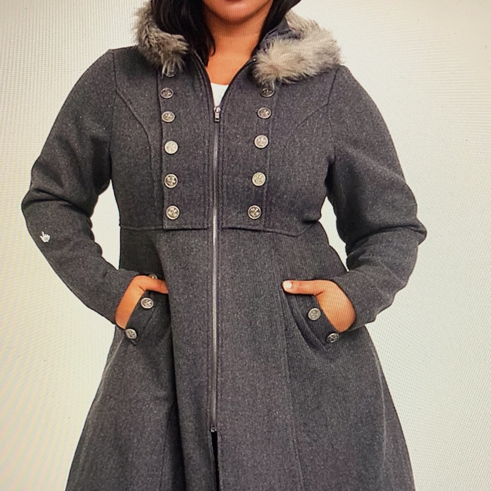 TORRID OUTLANDER JAIME GREY FAUX FUR TRIM WOOLEN SWING COAT ~ SIZE 1